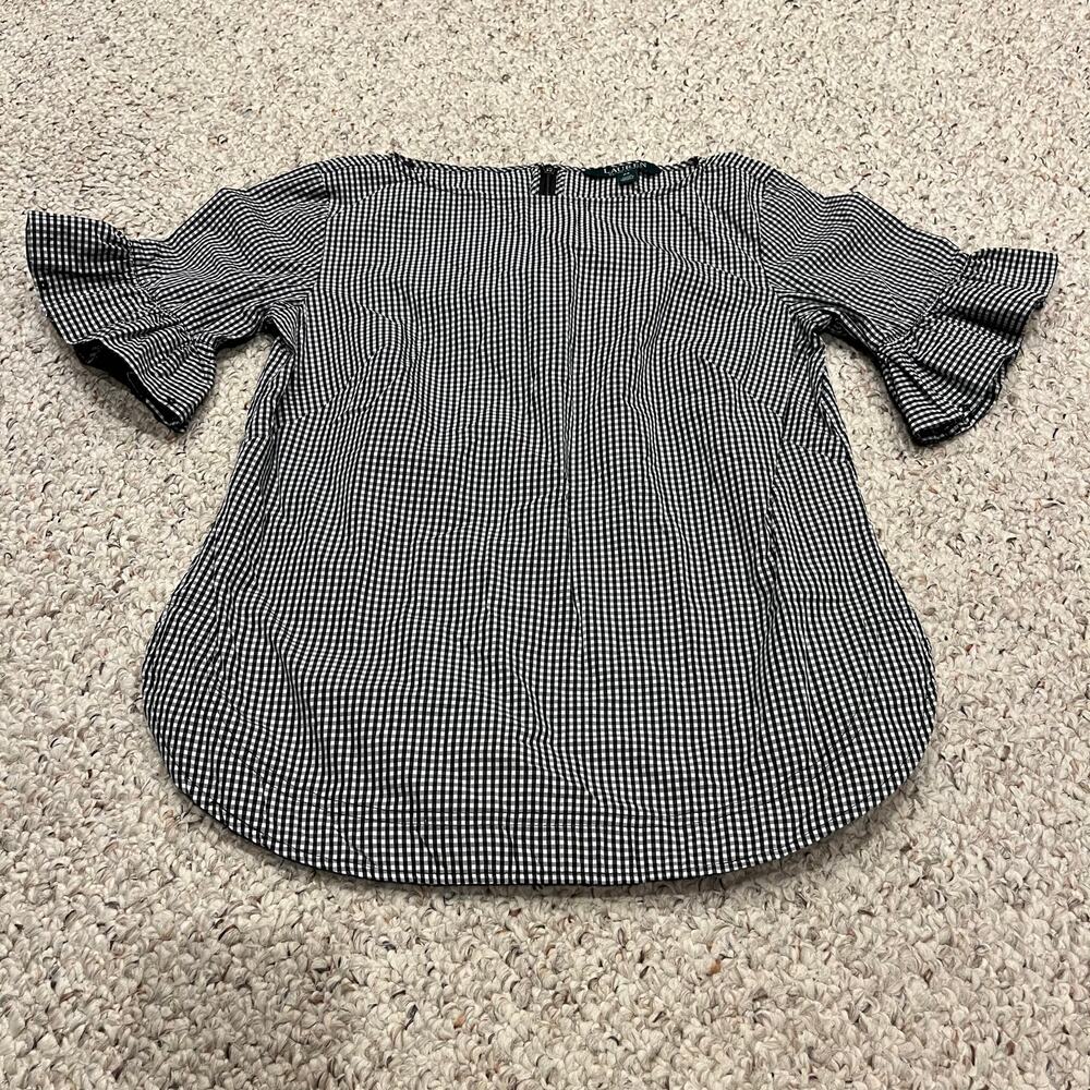 Lauren Ralph Lauren Gingham Plaid Short Sleeve Blouse Sz S Petite Ruffle Preppy